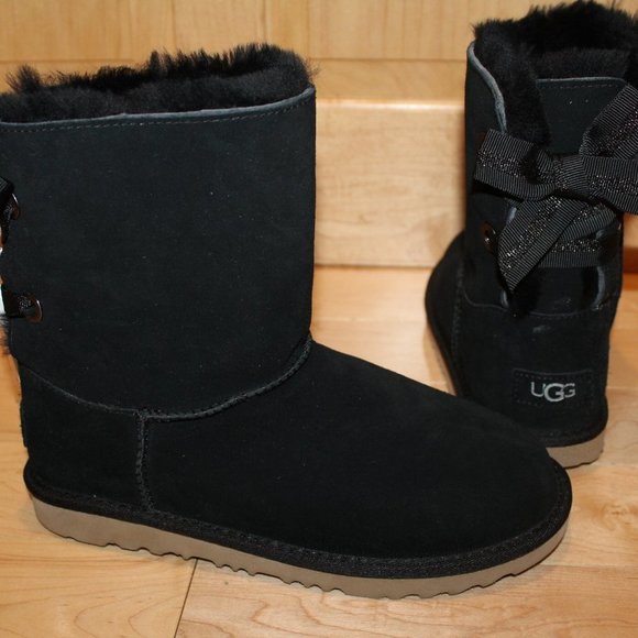 NIB UGG BAILEY BOW CUSTOMIZABLE CLASSIC SHORT SUEDE‎ SHEARLING BOOTS BLACK